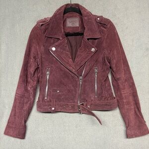 BLANK NYC Suede Leather Belted Biker Moto Jacket Sz S Burgundy *See Description*